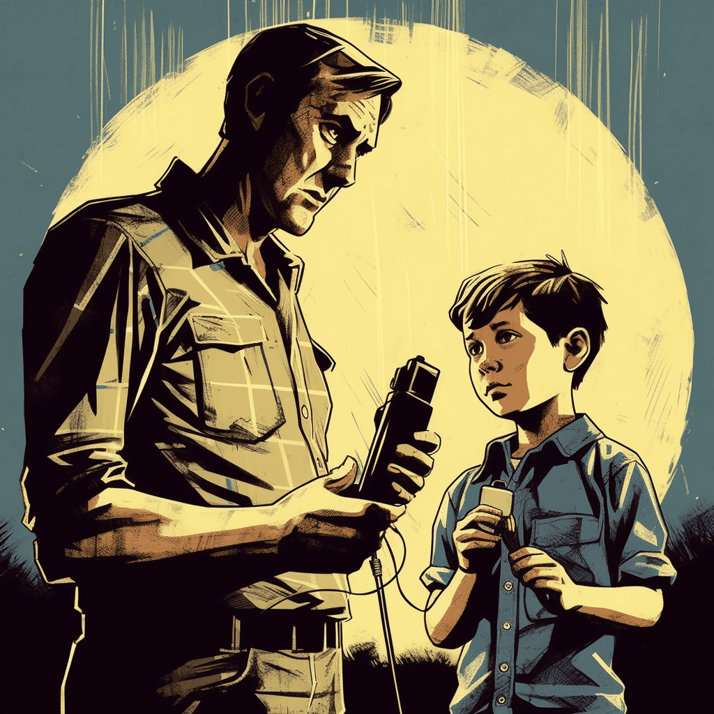 A man helping a young man by giving him AI